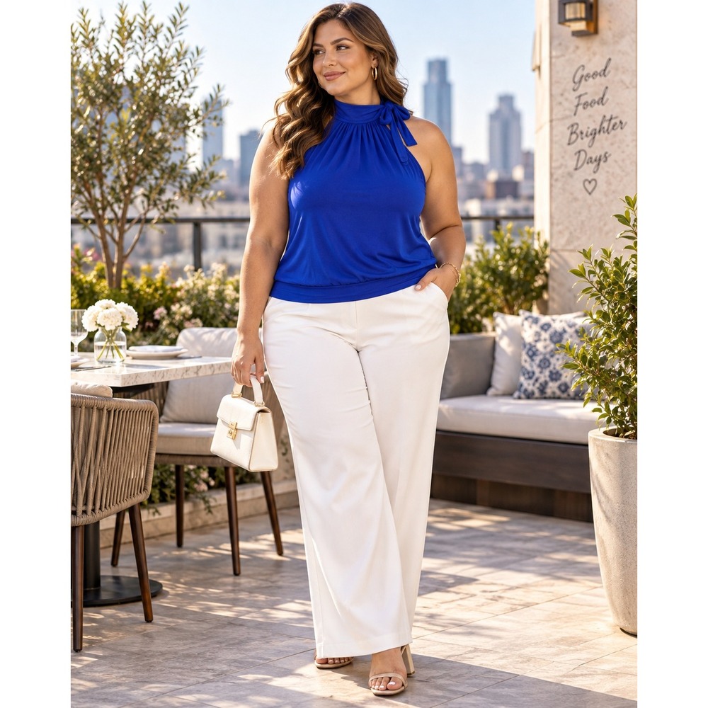 a.n.a A New Approach 1X Royal Blue Halter Tie Neck Blouson Top Cobalt Plus Size